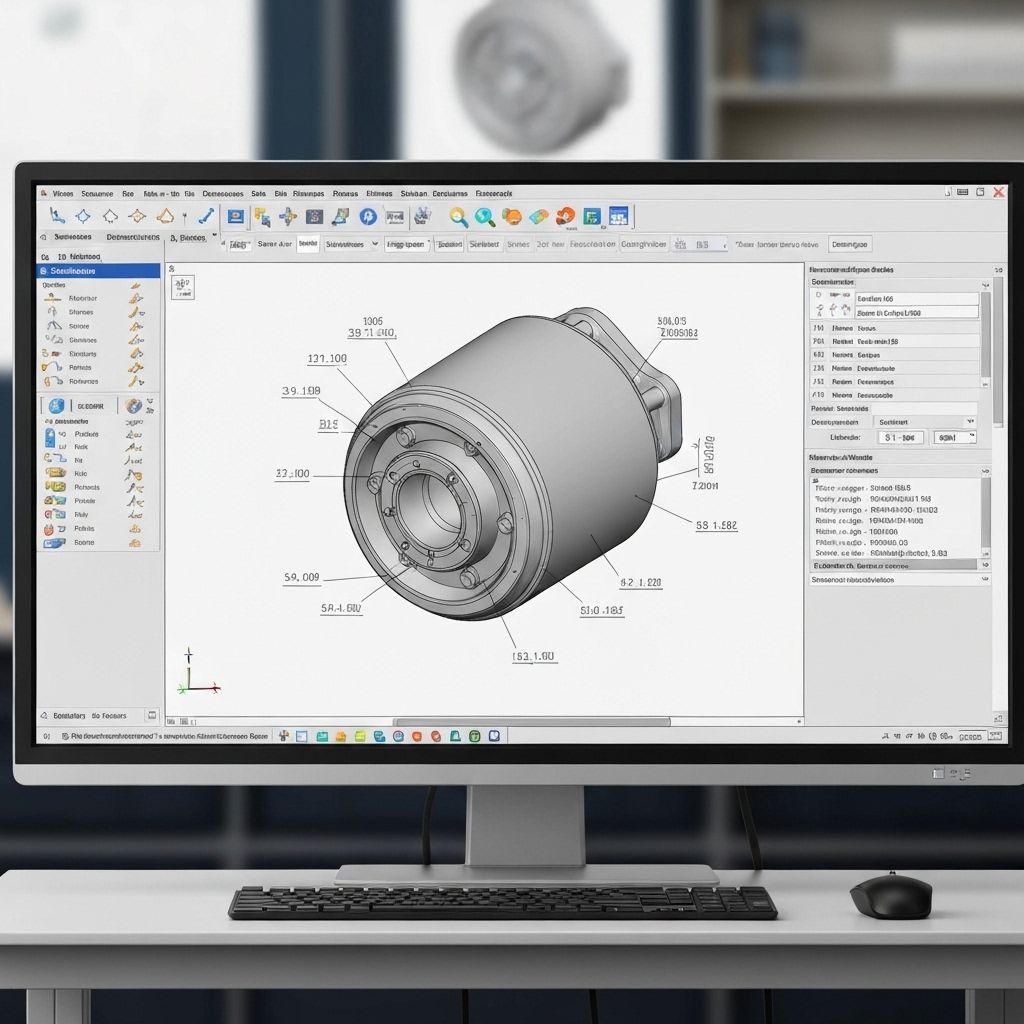 CAD workstation showing detailed 3D product model development with engineering specifications
