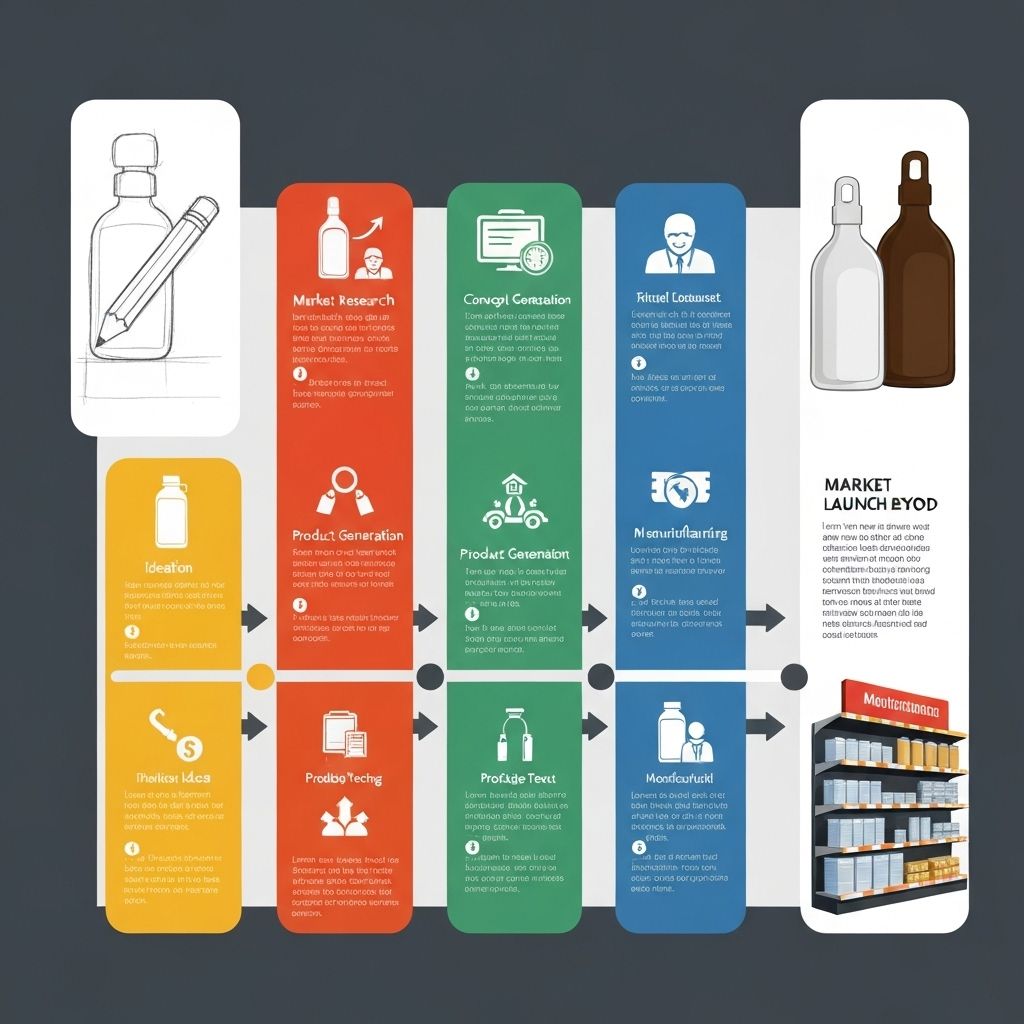 Product development lifecycle showing stages from initial concept sketches to final manufactured products